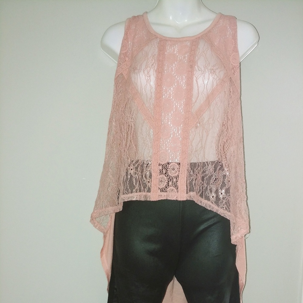 Pink Textured Sheer Hi Low Sleeveless Shirt